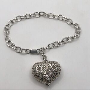 Vtg Sterling Silver 3D Puffy Filigree Heart Charm Bracelet 7.5” Adjustable